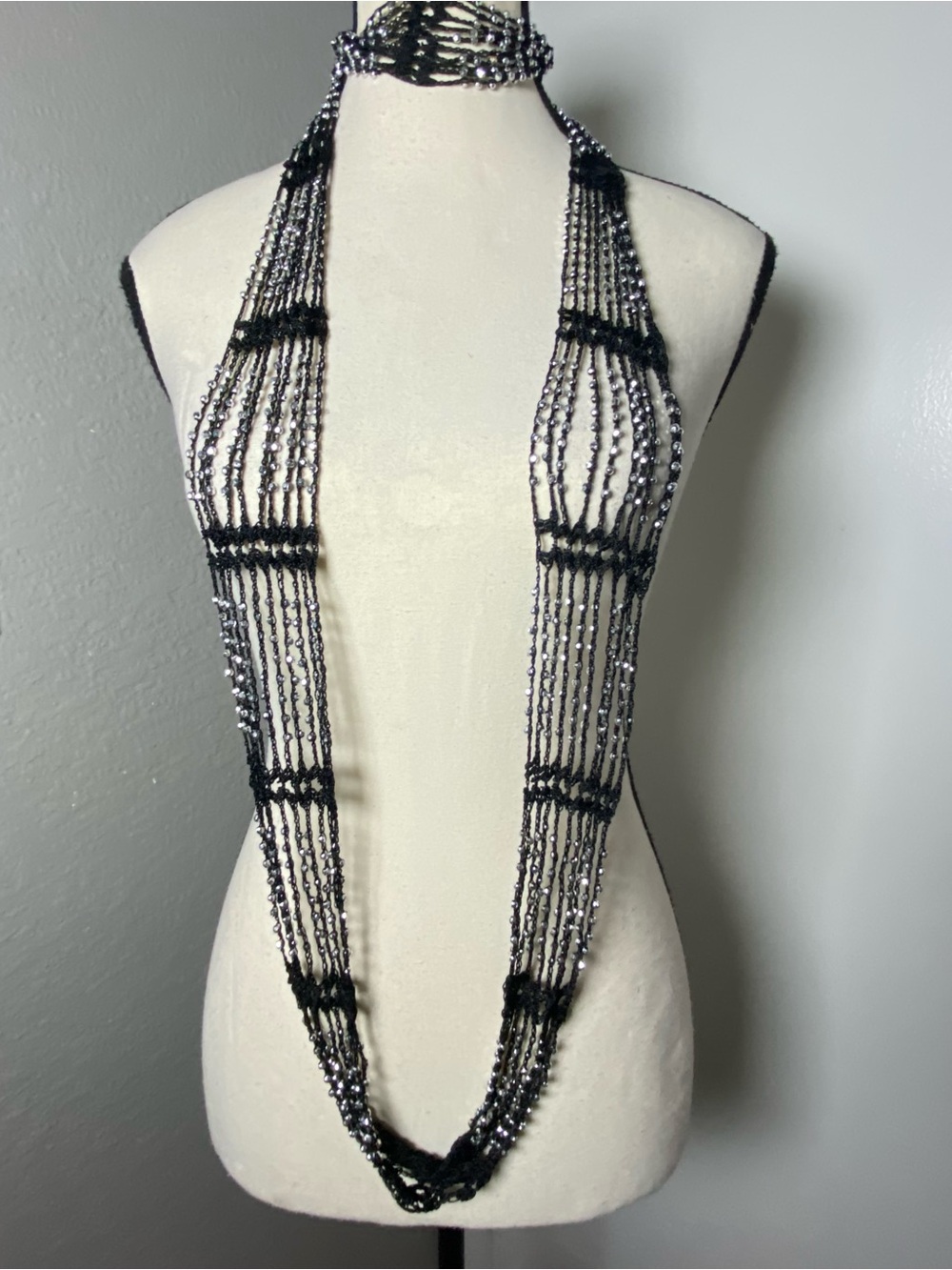 Y2K Black Crochet Beaded Infinity Skinny Scarf